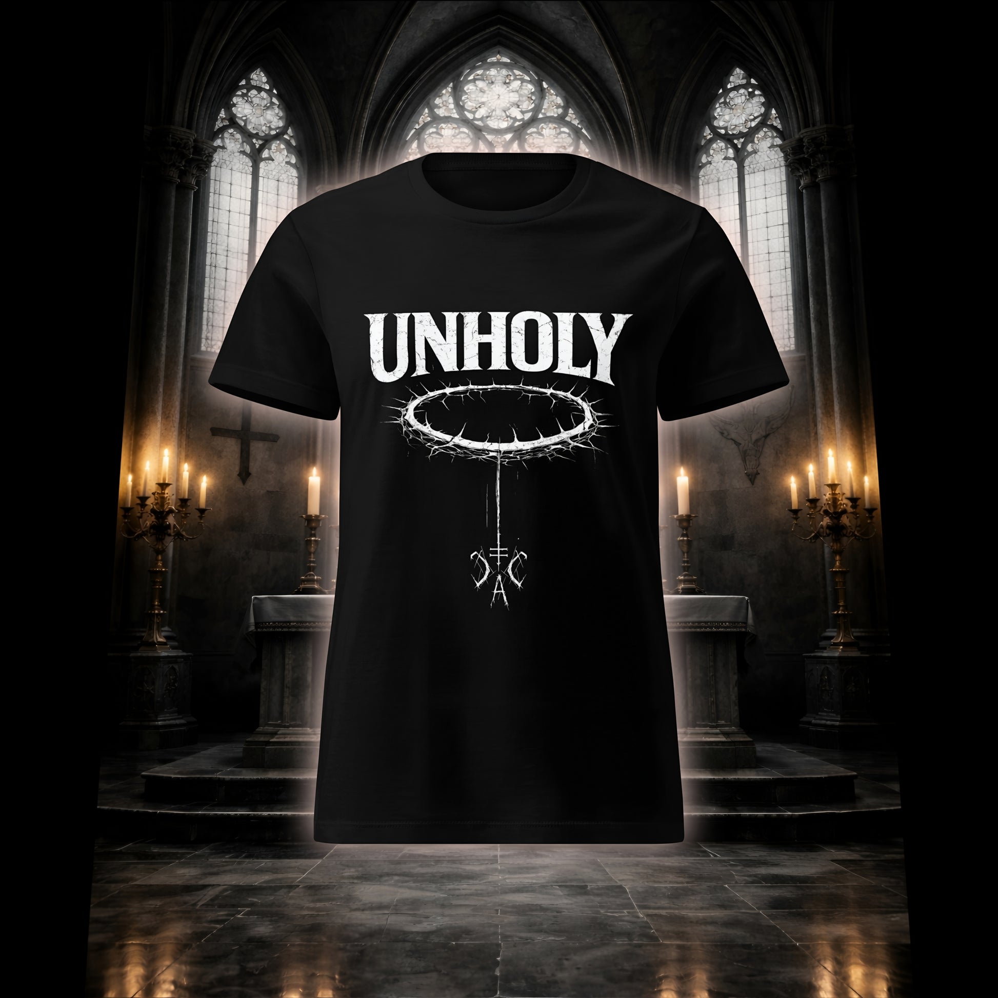 Schwarzes tailliertes Damen T-Shirt mit weißem Unholy Schriftzug und Dornenkranz-Design, präsentiert vor einem dunklen Kirchenaltar mit Kerzenlicht.