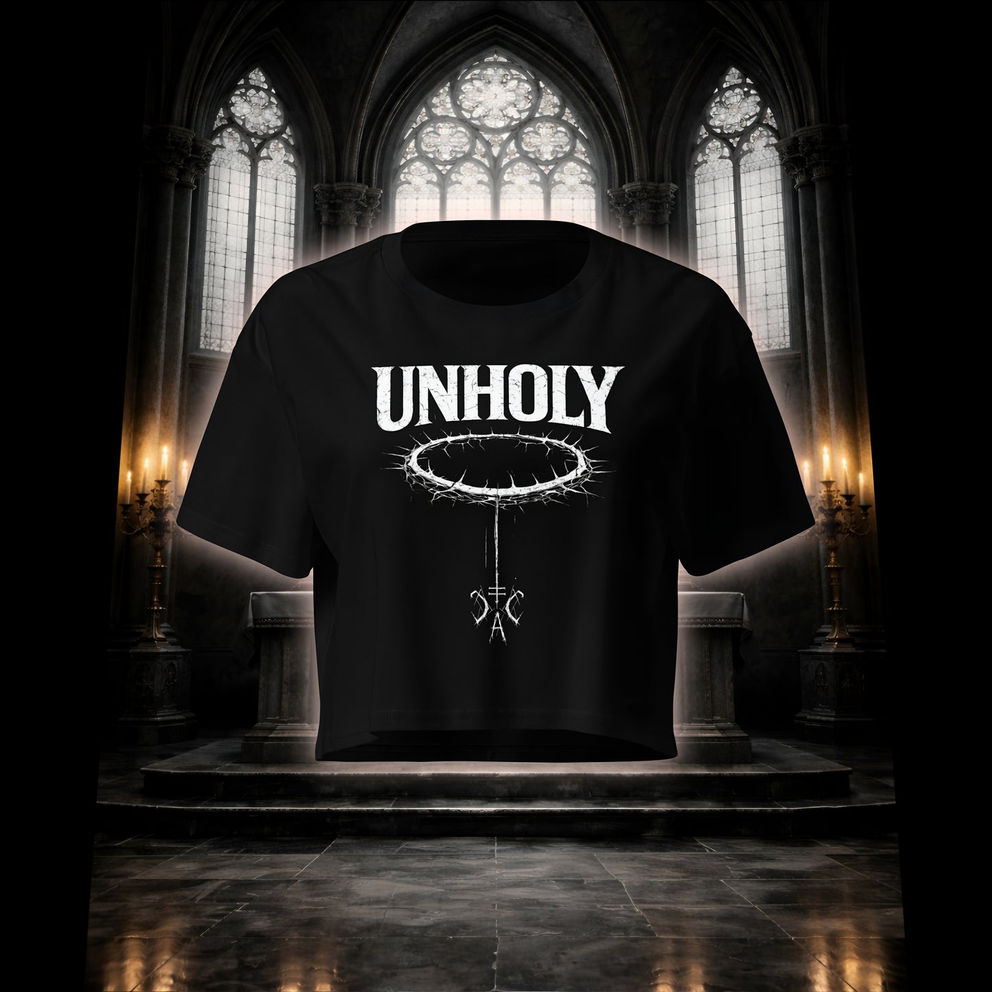 Schwarzes Crop Top mit weißem Unholy Schriftzug und Dornenkranz-Design, freigestellt vor einem düsteren Kirchenaltar mit Kerzen.