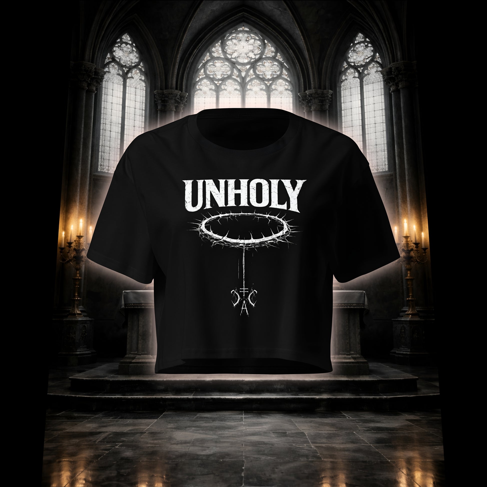 Schwarzes Crop Top mit weißem Unholy Schriftzug und Dornenkranz-Design, freigestellt vor einem düsteren Kirchenaltar mit Kerzen.