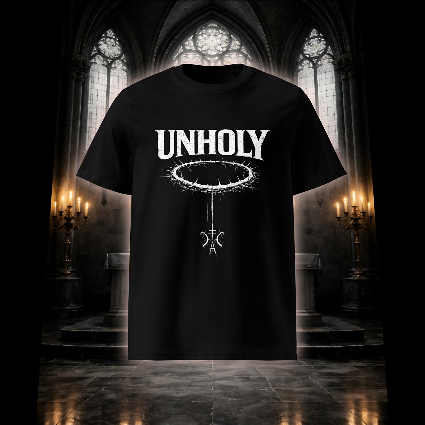 Schwarzes Unisex T-Shirt mit weißem Unholy Schriftzug und Dornenkranz-Design vor einem atmosphärischen Kirchenaltar mit Kerzenlicht.
