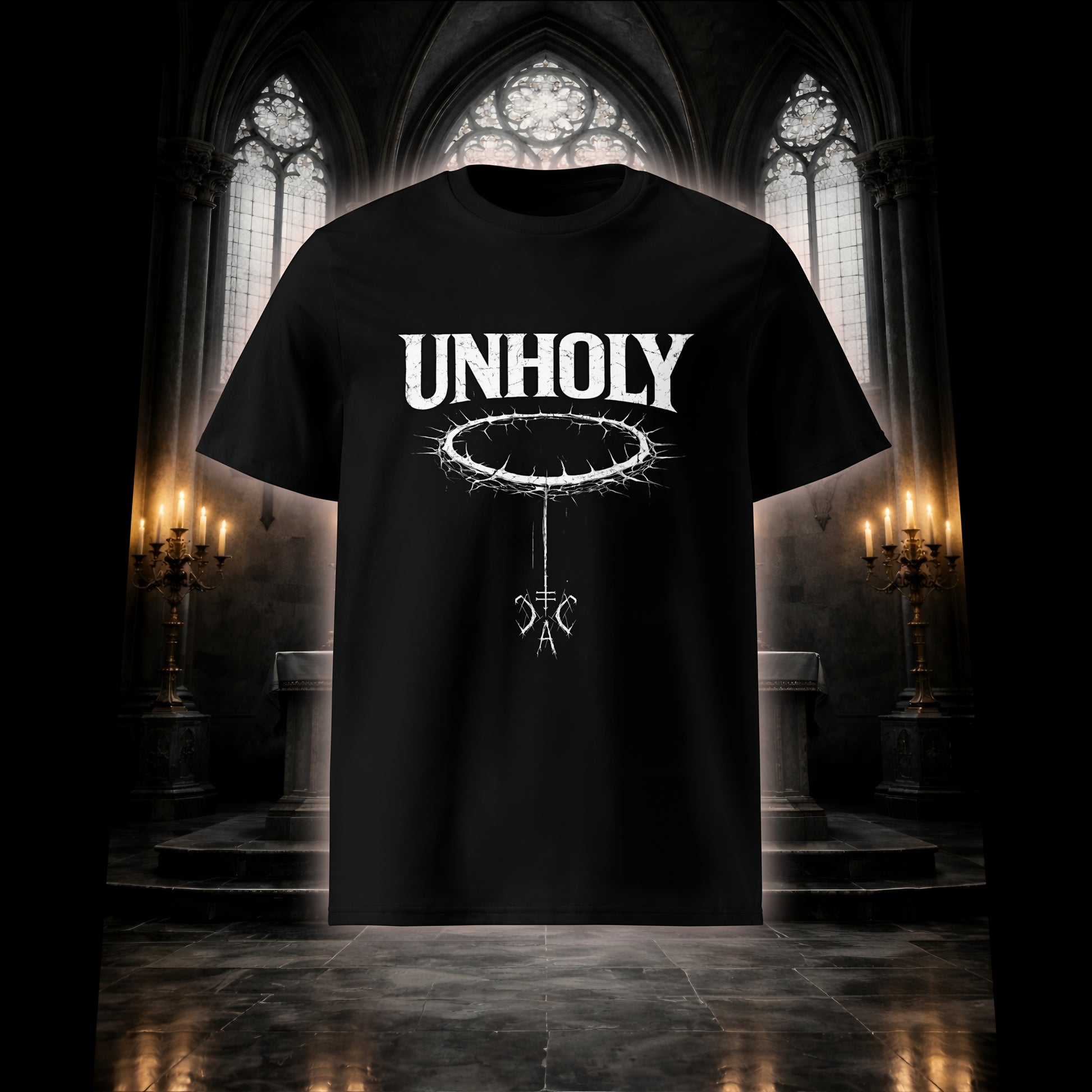 Schwarzes Unisex T-Shirt mit weißem Unholy Schriftzug und Dornenkranz-Design vor einem atmosphärischen Kirchenaltar mit Kerzenlicht.