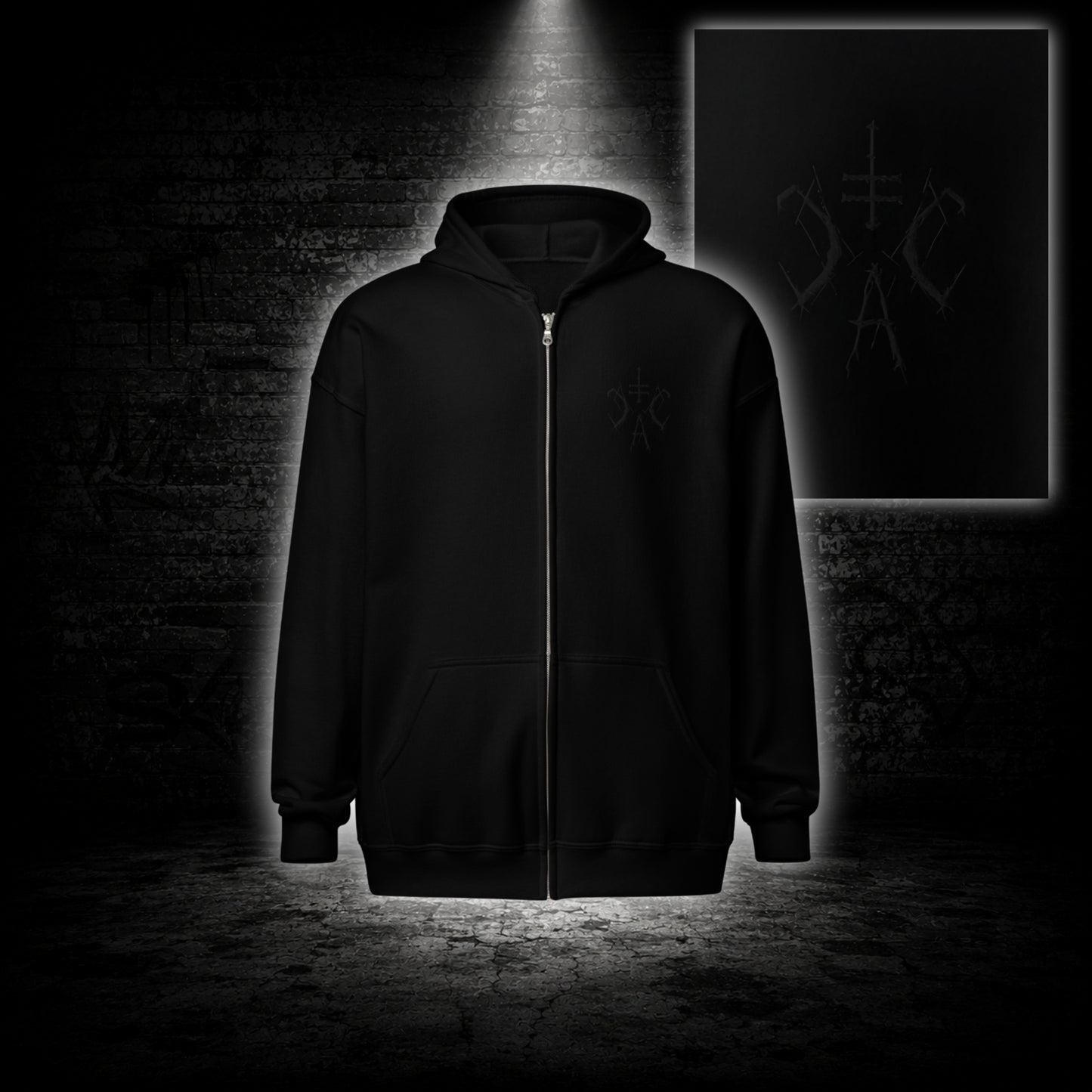 Schwarzer Zip-Hoodie mit dezenter schwarzer Sigil-Stickerei auf der linken Brust und großem weißem Sigil-Backprint auf der Rückseite im Alternative-Streetwear-Design von Cultural Carnage Apparel.