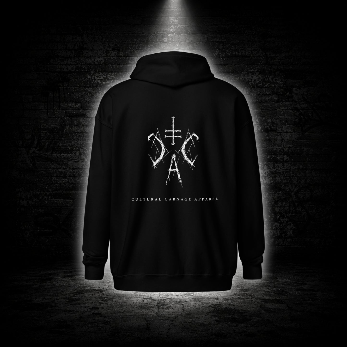 Schwarzer Zip-Hoodie mit dezenter schwarzer Sigil-Stickerei auf der linken Brust und großem weißem Sigil-Backprint auf der Rückseite im Alternative-Streetwear-Design von Cultural Carnage Apparel.