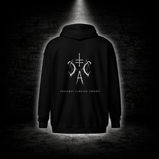 Schwarzer Zip-Hoodie mit dezenter schwarzer Sigil-Stickerei auf der linken Brust und großem weißem Sigil-Backprint auf der Rückseite im Alternative-Streetwear-Design von Cultural Carnage Apparel.