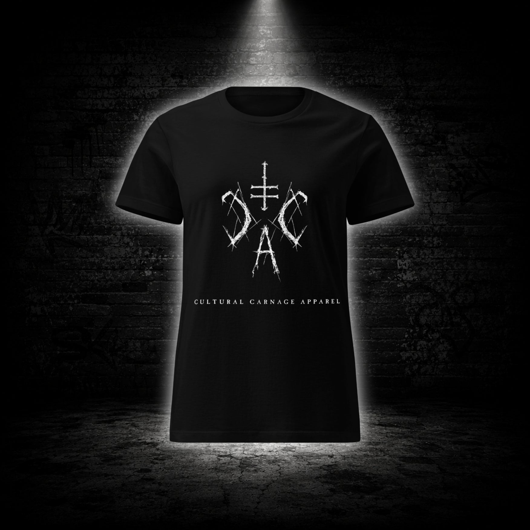 Schwarzes Damen T-Shirt mit weißem Sigil-Frontprint und Cultural Carnage Apparel Schriftzug im minimalistischen Alternative-Streetwear-Design.