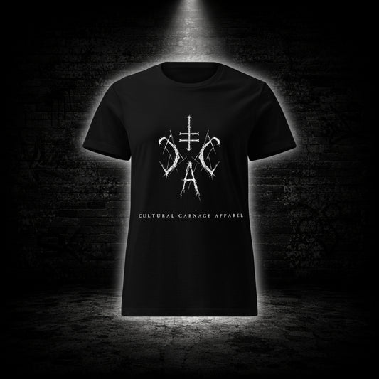 Schwarzes Damen T-Shirt mit weißem Sigil-Frontprint und Cultural Carnage Apparel Schriftzug im minimalistischen Alternative-Streetwear-Design.