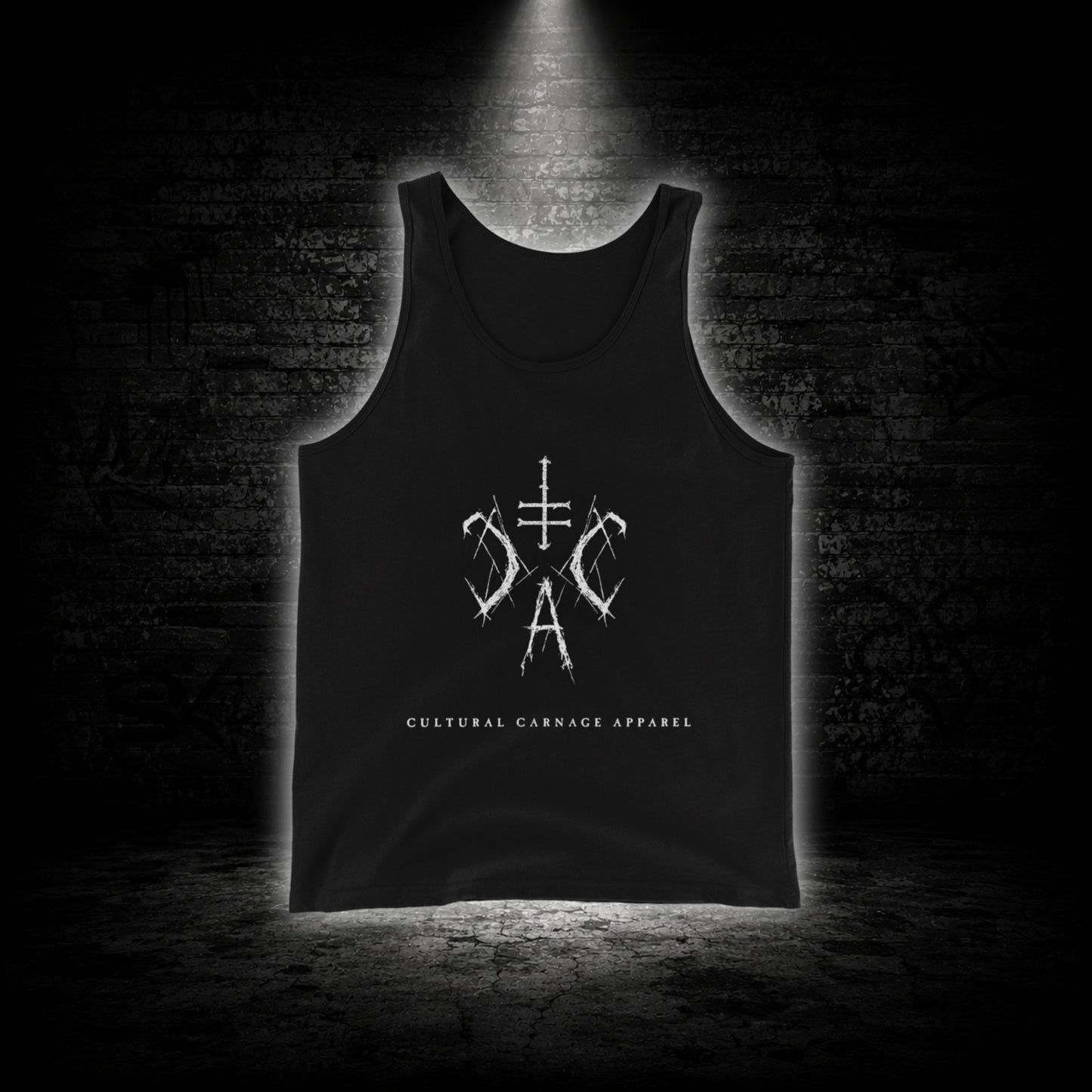 Schwarzes Unisex Tanktop mit weißem Sigil-Frontprint und Cultural Carnage Apparel Schriftzug im minimalistischen Alternative-Streetwear-Design.