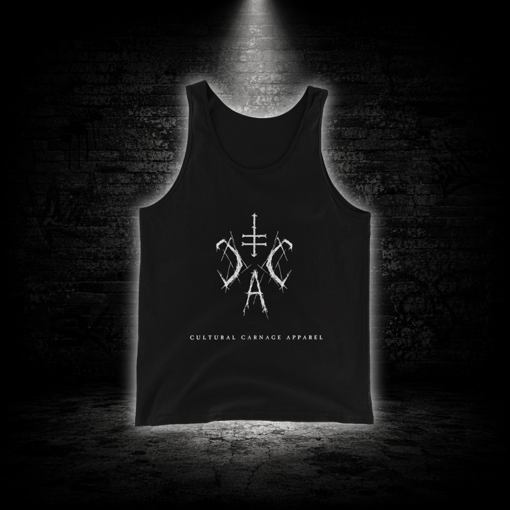 Schwarzes Unisex Tanktop mit weißem Sigil-Frontprint und Cultural Carnage Apparel Schriftzug im minimalistischen Alternative-Streetwear-Design.
