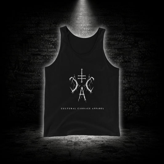 Schwarzes Unisex Tanktop mit weißem Sigil-Frontprint und Cultural Carnage Apparel Schriftzug im minimalistischen Alternative-Streetwear-Design.