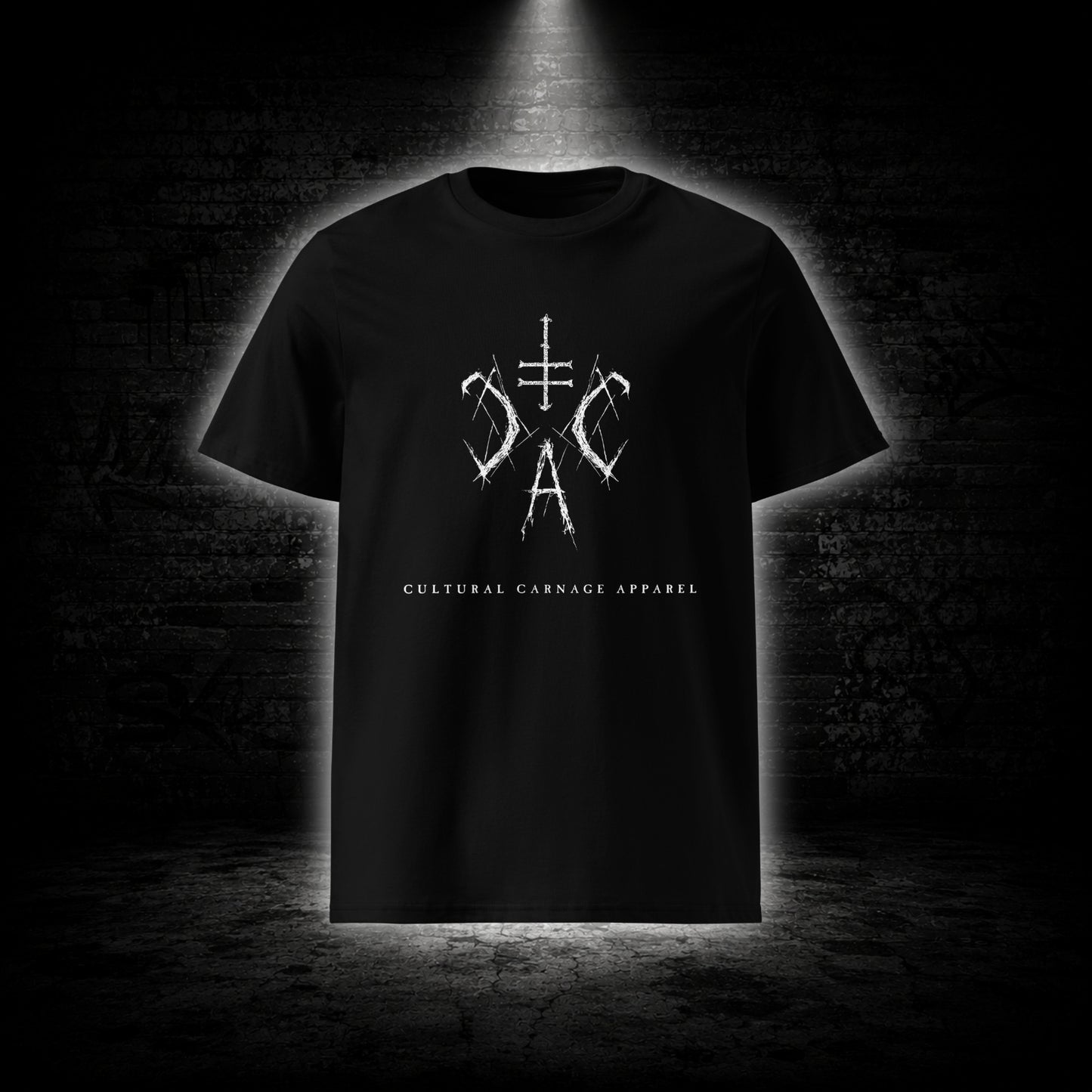 Schwarzes Unisex T-Shirt mit weißem Sigil-Frontprint und Cultural Carnage Apparel Schriftzug im minimalistischen Alternative-Streetwear-Design.