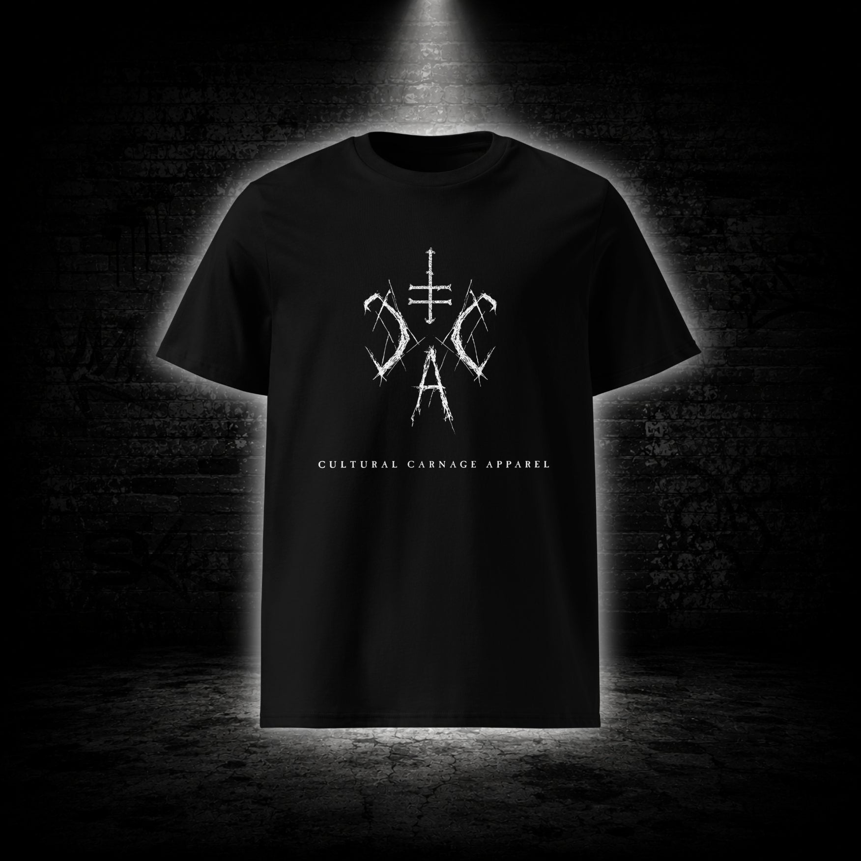 Schwarzes Unisex T-Shirt mit weißem Sigil-Frontprint und Cultural Carnage Apparel Schriftzug im minimalistischen Alternative-Streetwear-Design.