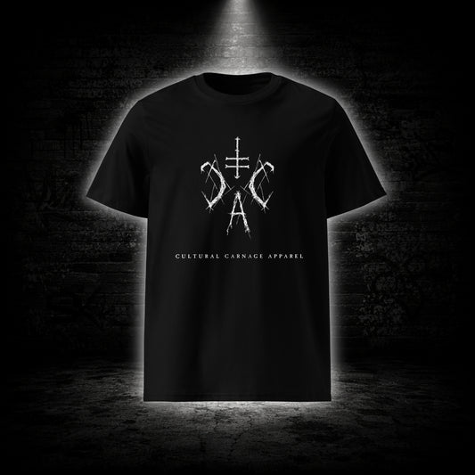 Schwarzes Unisex T-Shirt mit weißem Sigil-Frontprint und Cultural Carnage Apparel Schriftzug im minimalistischen Alternative-Streetwear-Design.